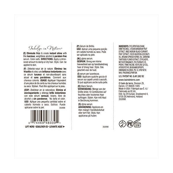 Bain de Terre Recovery Complex Anti-Frizz Silky Shine Reparative Serum | Eliminate Frizz & Create Instant Shine | Argan & Monoi Oils | Paraben Free | Color-Safe | 1.7 Fl Oz