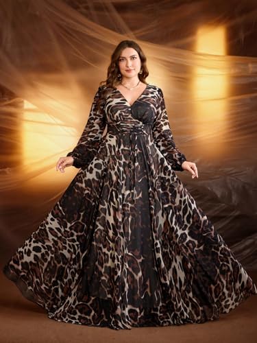 Image of Spring Summer 2024 Plus Size Womens Dresses V Neck Casual Elegant Long Sleeve Floral Print Maxi Dress