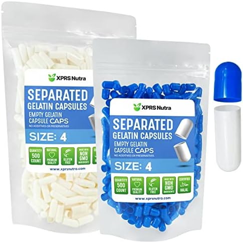 XPRS Nutra Gelatin Size 4 Separated Capsules – 500 Count Small Empty Capsules Separated in Bags – Empty Pill Capsules – Size 4 Gel Capsules Empty – Capsules Empty DIY Supplement Filling (Blue/White)