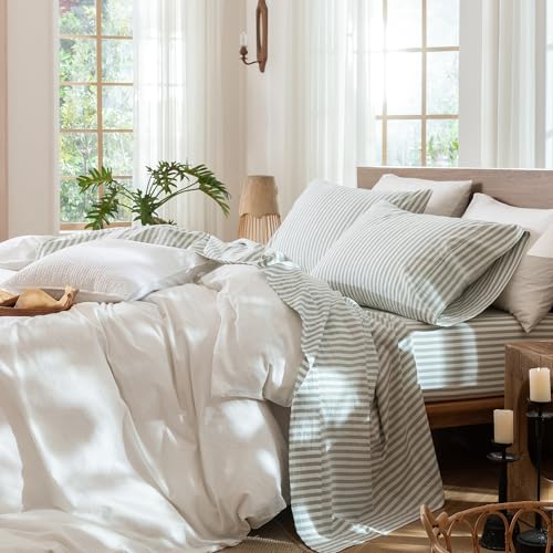 Image of MooMee Striped Sheet Set 100% Washed Cotton Linen Like King | Relaxed Linen-like Texture. Soft, Breathable & Lightweight Comfort. 15-19 inch Extra Deep Pocket with All-around Elastic