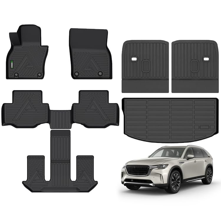 ANBINGO Floor Mats & SeatBack Cargo Liner for Mazda CX90 2024 2025 2026/6 Passenger / 2nd Row with Bucket Seat or Captain Seat / (50/50 Velcro Tape Fixed Backmats) TPE 3 Rows Waterproof Car Mat