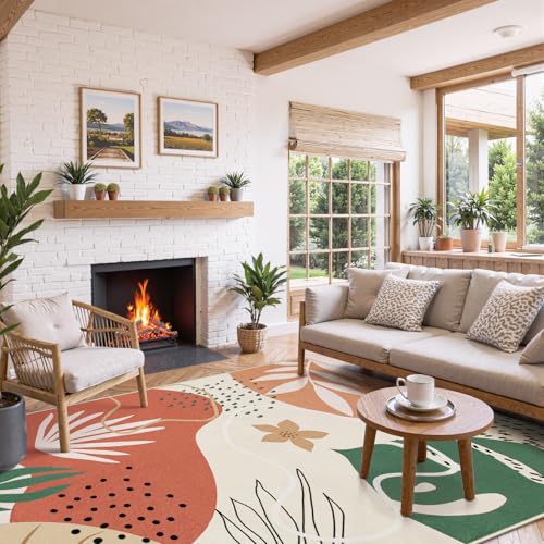 Lahome 5x7 Area Rug for Living Room, Washable Rugs 5x7 for Bedroom Soft Kids Nursery Carpet, Boho Botanical Print Non-Slip Low Pile Carpet for Office Playroom Kitchen Entryway, Coral