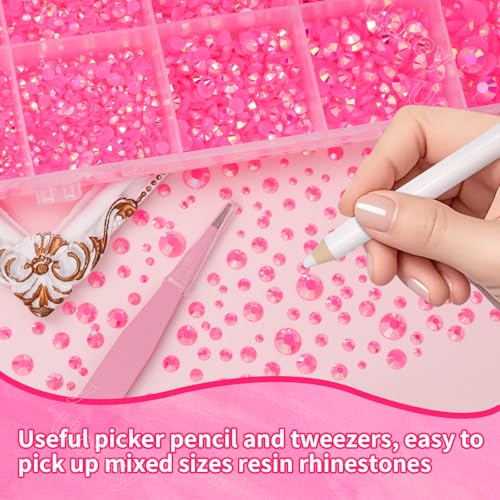 Image of 16000Pcs Flatback Resin Jelly Hot Pink Rhinestones for Crafting Tumblers | Mixed Sizes Pink Gems Rhinestones Bedazzling Crystal with Pickup Tool for DIY Crafts Clothing Mugs Shoes Fabric Nail Art