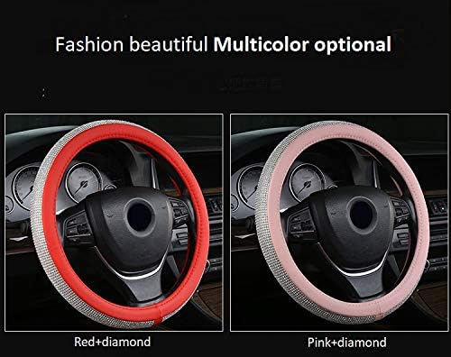 New Diamond Microfiber Leather Steering Wheel Cover with Bling Bling Crystal Rhinestones, Fashion Universal Fit 15 Inch Car SUV Wheel Protector for Women Girls Lady (Red)