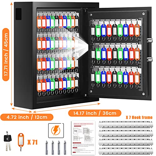 Nebakne 71 Keys Fireproof Key Cabinet, Anti-Theft Key Lock Box With Key Tags, Adjustable Key Organizer Wall Mounted With Led Light For Car Office House Garage Rental Business #TOP2