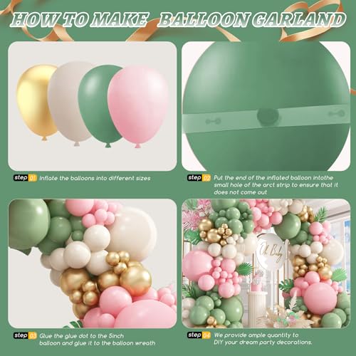 Image of 412Pcs Pink and Green Balloon Garland Arch Kit -Different Sizes 18 12 10 5inch Sage Green and Pink White Sand Gold Different Size Balloons for Girl Birthday Jungle Safari Woodland Party Decorations
