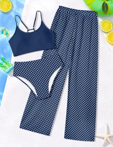 Image of NECIOUS Girls Swimsuit, 3 Piece Bikini Bathing Suit Tropical Floral Swimwear with Cover Up Pants 7-16Y