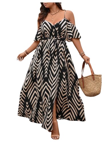Image of Floerns Women's Plus Size Cold Shoulder Short Sleeve Split Thigh Long Dress
