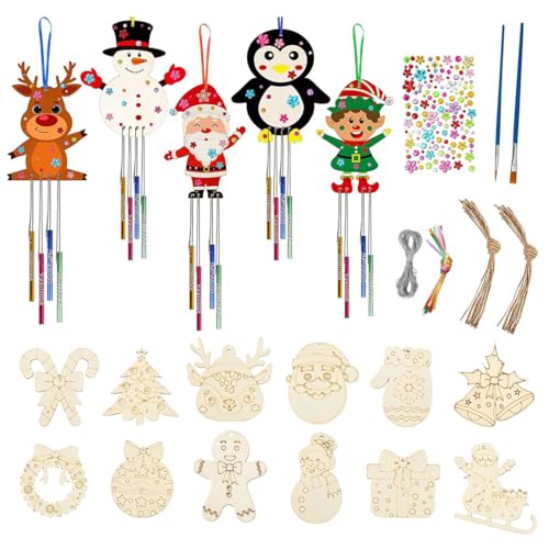 SULIUDAJI 5 Pcs Campane A Vento DIY E 12 Decorazioni Albero Di Natale In Legno Scacciapensieri Natalizi Per Bambini Fai Da Te Campanelli A Vento Di Natale In Legno Per Dipingere