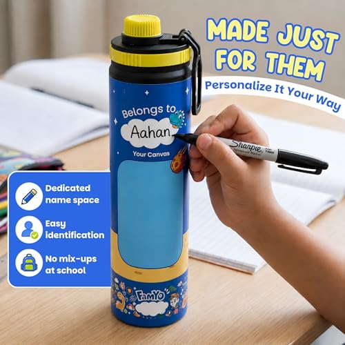 Image of Famyo Stainless Steel Unisex Kids Water Bottle, 900ml (Rexy Dino) | Leakproof Sipper with Carry Loop, BPA Free, Personalizable Name Space, School, Outdoor & Travel, 4-15 years