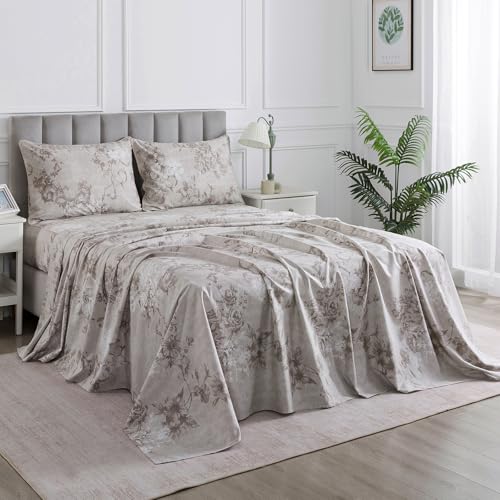 Image of Gray-Beige Vintage Floral Percale Bed Sheets Full Size Deep Pocket | 100% Cotton Dark Flower Farmhouse Sheets, Shabby Chic Neutral Printed Sheet Set, Luxury Designer Bedding, Soft Crisp, 4Pcs