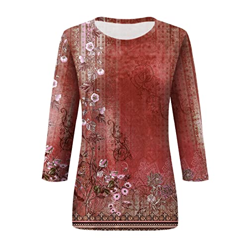 HTHLVMD Womens 3/4 Length Sleeve Tops 2025 Fall Fashion Floral Print Crewneck Causal Trendy Tunic Tops for Women