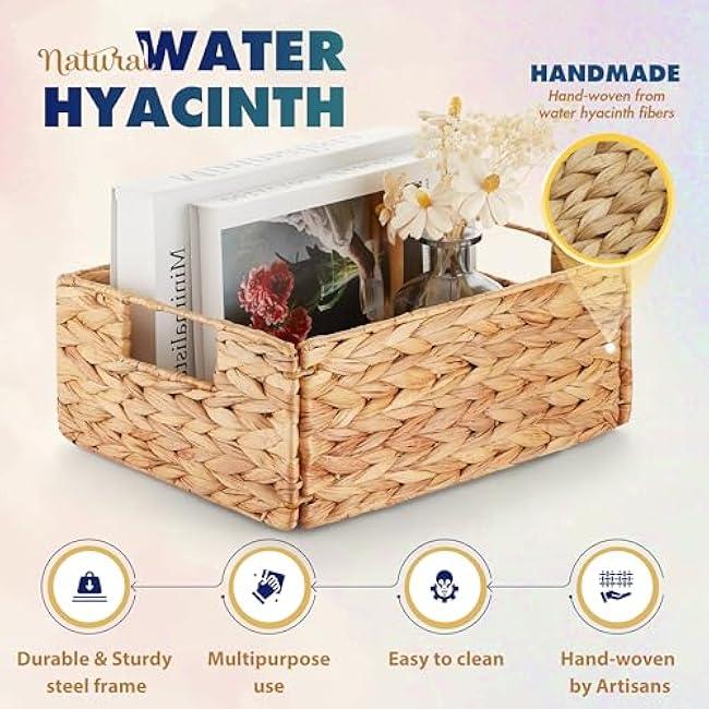 BLUEWEST Water Hyacinth Storage Baskets (Set of 6) ¨C Woven Hyacinth Organizer with Carrying Handles, Laundry Basket for Organizing, Rattan Bin for Shelves
