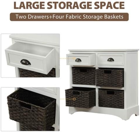 Miniatura 34 de TRIPLE TREE Armario de almacenamiento rústico, armario de madera con 2 cajones y 4 cestas de ratán, mesa de consola de entrada, mesa de sofá para