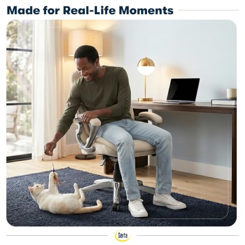 Image of Serta Bryce Executive Office Chair - Ergonomic Computer DeskChair with Lumbar Technology - Adjustable Height - Memory Foam Body Pillows - 360 Swivel Rolling Base - Bonded Leather - Cream