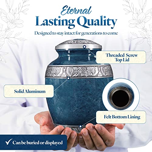 GSM Brands Cremation Urn for Adult Human Ashes - Large Handcrafted Funeral Memorial with Striking Blue Design (Aluminum - 10 Inch Height x 7 Inch Width) GSM Brands Cremation Urn for Adult Human Ashes - Large Handcrafted Funeral Memorial with Striking Blue Design (Aluminum - 10 Inch Height x 7 Inch Width)