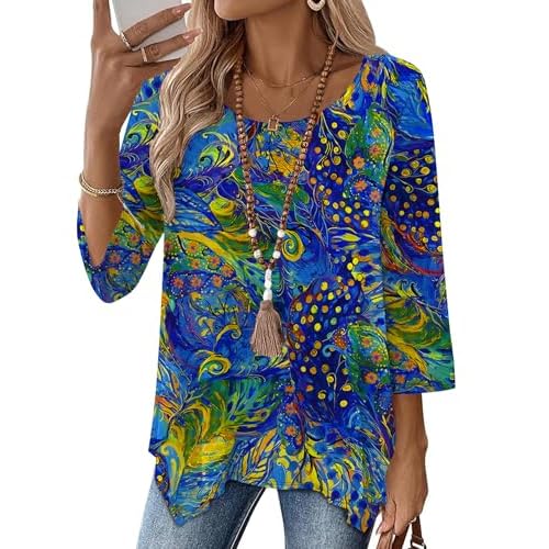 AKEWEI 3/4 Length Sleeve Womens Tunic Tops Loose Fit Blouses Dressy Casual Crew Neck Tees S-3XL