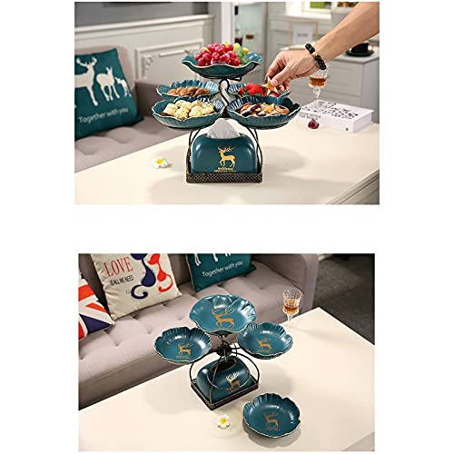 Liushop Fruit Bowl 2 Tier Fruit Bowl Set With Metal Rack Five Ceramic Fruit Bowl Serving - Tiered Serving Stand - Dessert Appetizer Cake Candy （With Tissue Box Fruit Dish (Color : B) #TOP3