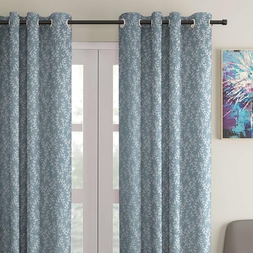 Image of STITCHNEST Leaf Vine Jacquard Door Curtain - Blue, 7 Feet, Grommet Top - Pack of 2 Elegant Curtain Panel for Living Room & Bedroom