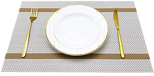 Image of YELONA Rectangular Crossweave Woven PVC Vinyl Non-Slip Insulation Heat-Resistant & Waterproof Stain Resistant Washable Placemat for Dining & Kitchen Table-(Beige & Gold,Set of 6)
