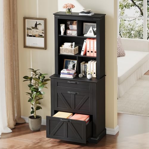 Image of Vabches Farmhouse Bookshelf with 3 Large Drawers, 70 inch Tall Bookcase with 5-Cube Storage Organizer, 3 Tier Wood Display Storage Cabinet for Home Office, Living Room, Rustic Black