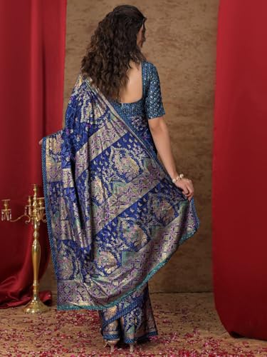Image of Satrani Women's Crepe Foil Printed Weaving Banarasi Saree with Unstitched Blouse Piece