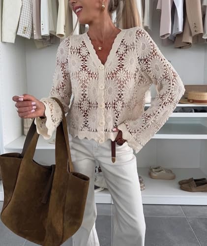 SOMTHRON Women's Boho Hollow Out Crochet Knit Crop Cover Up Long Sleeve Button Down Beach Shirt Tops3