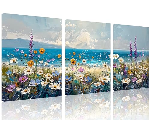 TutuBeer 3 Pcs Boho Beach Coastal Vintage Floral Wall Picture Rustic Wildflower Field Vintage Wall Art Canvas Prints Daisy Flowers Sea Canvas Print Farmhouse Wall Art for Home Wall Decor 12x16inchx3