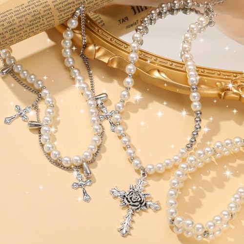 Image of SANNIDHI Pearl Necklace for Women Girls Gothic Rose Cross Pendant Chain Layered Necklace Stainless Steel Beads Choker Necklace Punk Aesthetic Necklace Jewellery Gifts for Women, Girls