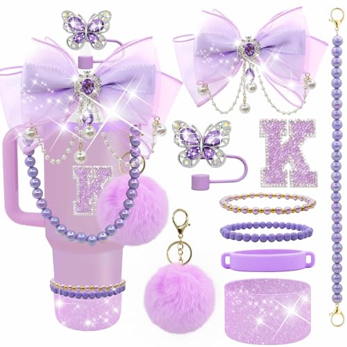 Letter Stickers Bling Accessories Set for Stanley 40/30/20 oz Tumbler: Bow Straw Topper Charms Butterfly Cap Pearl Strap Silicone Boot Accessories for Stanley Quencher H2.0 (K Purple Plum)