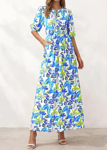 Image of KIRUNDO Maxi Dresses for Women 2026 3 /4 Sleeve Summer Dress | Spring Boho Floral, Drawstring Tie Neck, Loose Fit, Elastic Waist, Pockets, Wedding Guest, Beach Vacation Flowy Long Dress