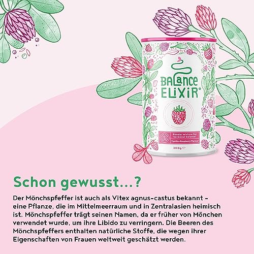 Balance Elixier - Mönchspfeffer (agnus castus), Yamswurzel, Myo Inositol & Vitamin B6 zur Regulation der Hormontätigkeit - Ergänzungsmittel für Frauen - Vanille-Himbeer Geschmack - 300g - 50 Portionen