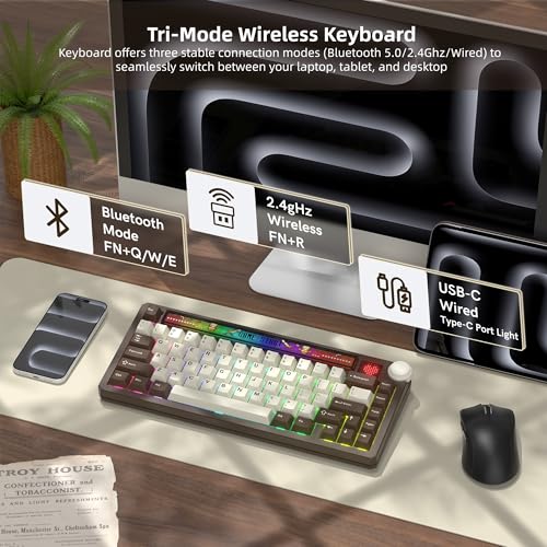 Image of Womier 75% Wireless Mechanical Keyboard with Screen and Knob Keyboard | Retro Creamy Bluetooth Gaming Keyboard Custom Clear Light Box,RGB /Hot Swap /PBT Keycap,VIA Programmable for Mac /PC,K80 Brown