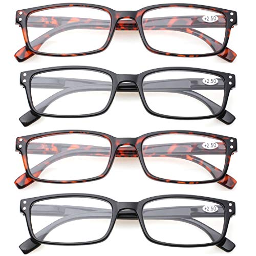 Image of Kerecsen 4 Pack Reading Glasses for Men and Women with Spring Hinges, Lightweight Black Rectangular Readers Eyeglasses (2 Black 2 Tortoise, 2.50)