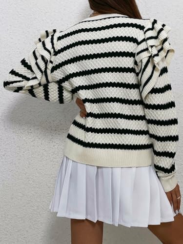 GORGLITTER Women's Striped Ruffle Long Sleeve Sweater Fall Winter Pullover Sweaters Cute Crewneck Knit Tops2