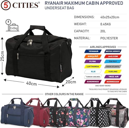 5 Cities Set of 2 Hand Luggage Set Including Ryanair Cabin Approved 21"/55cm Trolley Bag & 40x20x25 Ryanair Maximum Holdall Under Seat Flight Bag (Black + Black) - 3