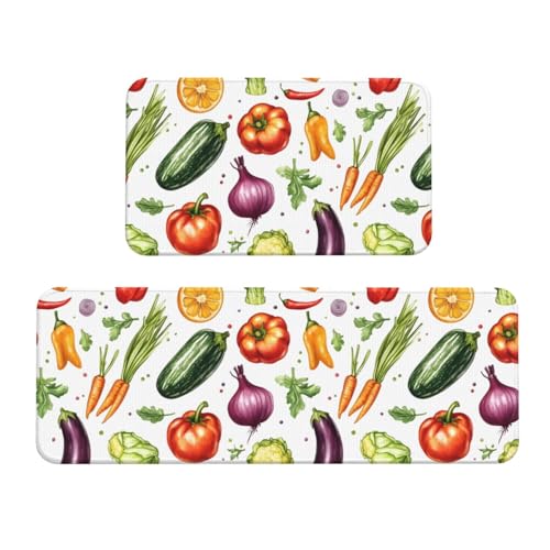 Bozfoxa 2 Piece Kitchen Mats for Floor, Anti Fatigue Mats for Kitchen Floor, Tomato Pepper Vegetable Print Kitchens Rugs Non Slip Washable Sets of 2, Home Decor