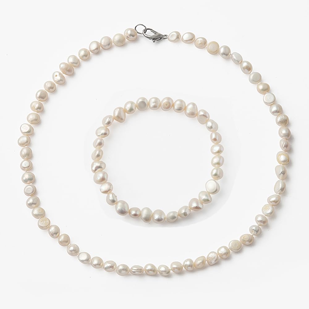 TreasureBay - Elegante set di collana di perle d'acqua dolce naturali bianche