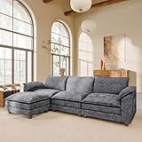 118.9' Modular Sectional Cloud Couch 3-Seat Sofa Set with Movable Ottoman, L Shaped Sofa Couch with Deep Seat, Chenille Couches for Living Room (Light Grey-4, L Shaped Sofa)