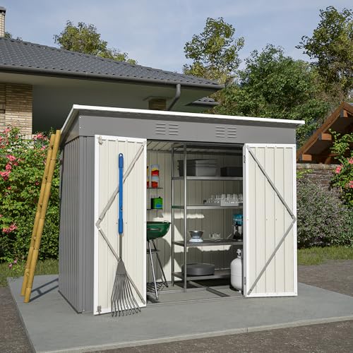 Prämie Metall Gerätehaus mit Metallfundament ohne Boden 229x111x182cm Geräteschuppen Gartenhaus Metallgerätehaus, aus verzinktem Stahl für Outdoor Garten Terrasse (Grau)