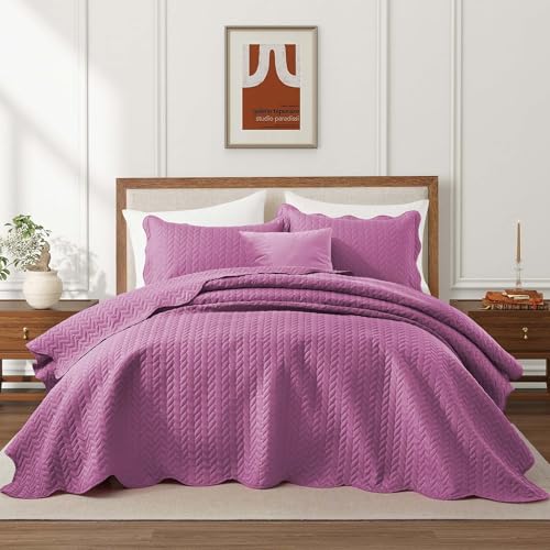 IR Imperial Rooms Queen Quilt Bedding Set Size (90" x 96") + 2 Pillow Shams (20" x 26"+ 2") - 3 Pcs All Season Lightweight Reversible Microfiber Coverlet Embossed Quilt Bedspread (Purple)