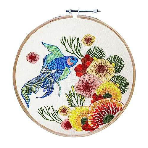 Embroiderymaterial Embroidery Kit Fish in Coral Design Digital Printed & Written Instructions All Material Included