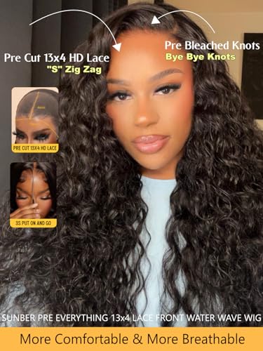 Image of Sunber Water Wave Human Hair Wigs with Elastic Drawstring Kinky Edges 16''