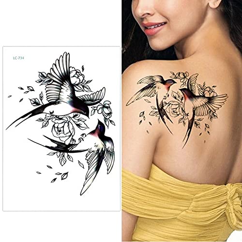Big Flower Arm Tattoo Temporary Tattoo Sticker Sparrow/Magpie Fake