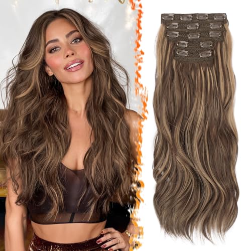 BARSDAR Highlight Clip en Extensiones de Cabello, 50cm Ondulado Clip en Extensión de Pelo para Mujer 5 Piezas Layered Hair Extensions Lace Sintética Postizos Cabello Extensione   Marrón con Rubio Miel