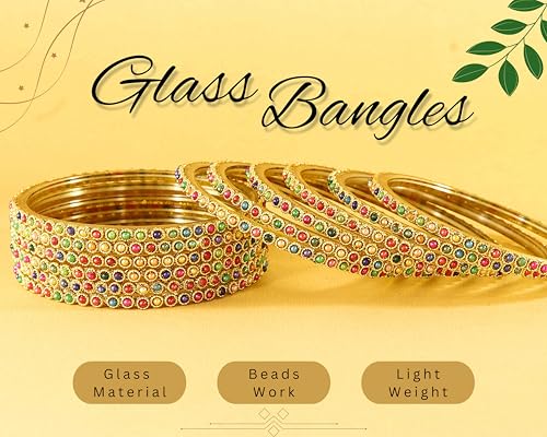 Image of NMII Glass Golden Beads & Pearls Moti Work Designer Bangles Set For Women & Girls | Kanch ki Chudi Set | Girl's Bangles Bracelet | Glass Bangles | Daily, Wedding, Party, Fashion Jewellery- Set of 12