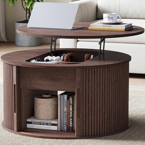 Image of LINSY Lift Top Coffee Table, Round Fluted Coffee Table with Storage, Mid Century Modern Wooden Coffee Tables with Sliding Tambour Door, 31.5 inch Center Table for Living Room, Office, Small Space, Walnut