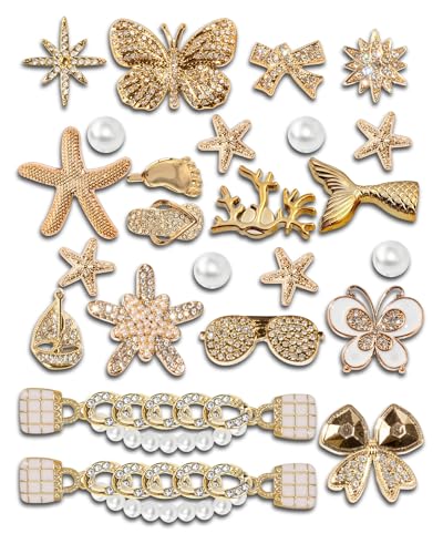 COYWX 24PCS Summer Beach Gold Shoe Charms for Girls and Women, Ocean Theme Gold Bling Shoes Charms with Butterfly, Starfish, Bowknot, Mermaid, Slippers, and Pearl Accessories for DIY Party Look