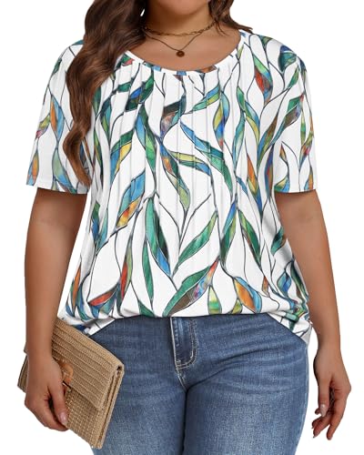 Image of Plus Size Tops for Women Pleated Summer Top Trendy Short Sleeve Shirts Casual Basic Tee Crew Neck Blouses 2026