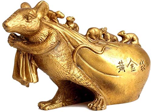 Rat Feng Shui en laiton pur avec sac d'argent pour bureau